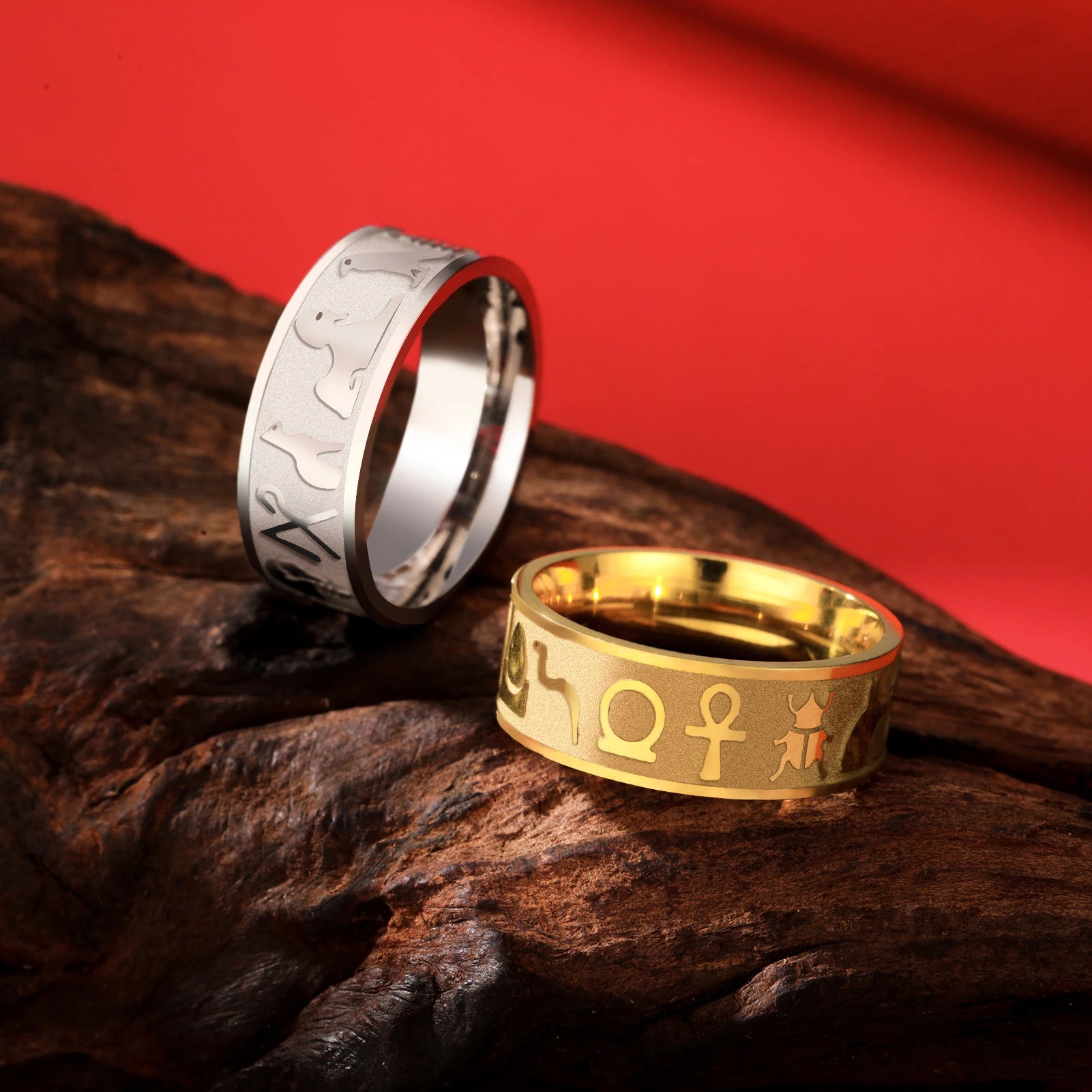 LIKGREAT Ancient Egyptian Symbol Carved Ring Stainless Steel Ankh Cross Anubis Eye of Horus Jewelry Birthday Gift for Men Women