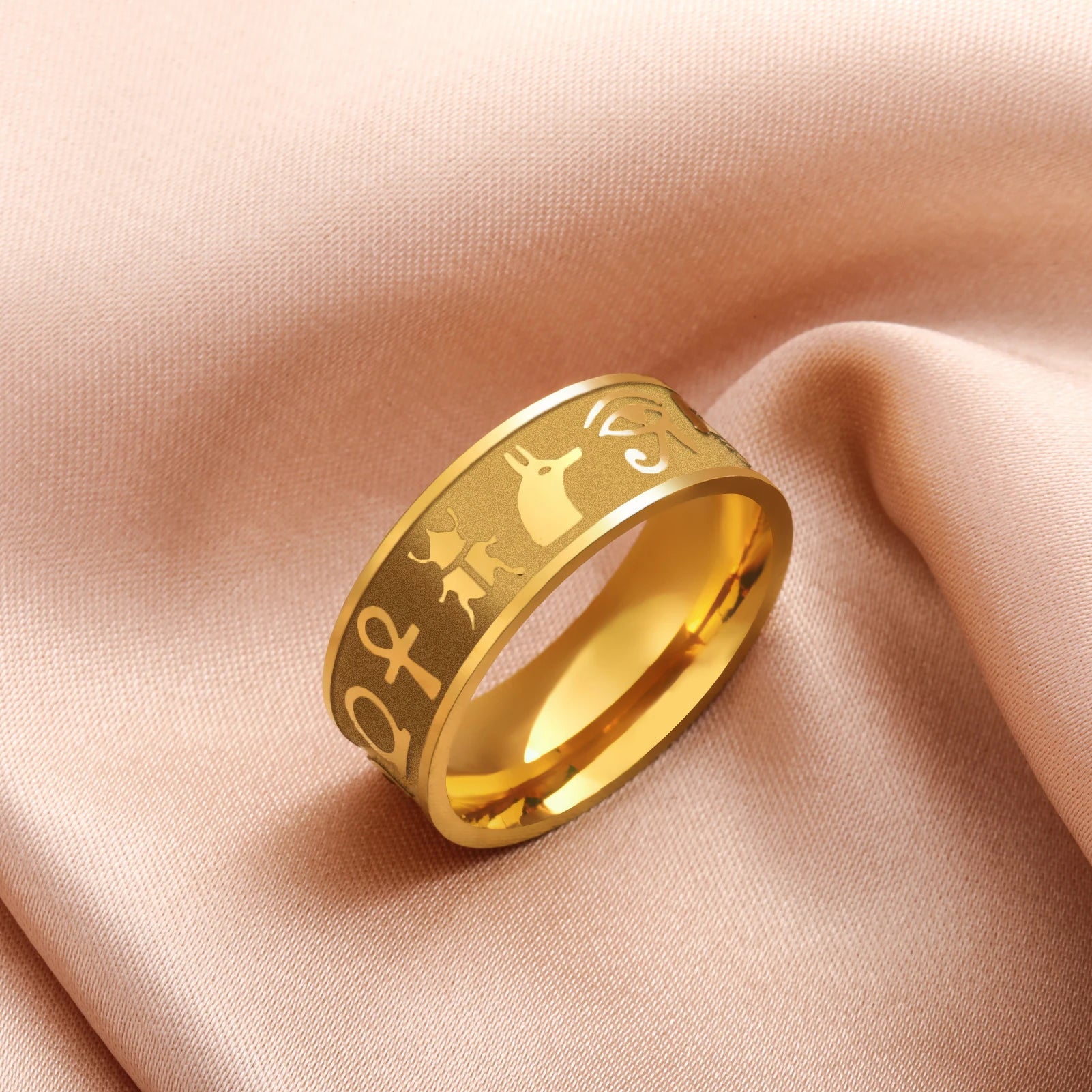 LIKGREAT Ancient Egyptian Symbol Carved Ring Stainless Steel Ankh Cross Anubis Eye of Horus Jewelry Birthday Gift for Men Women