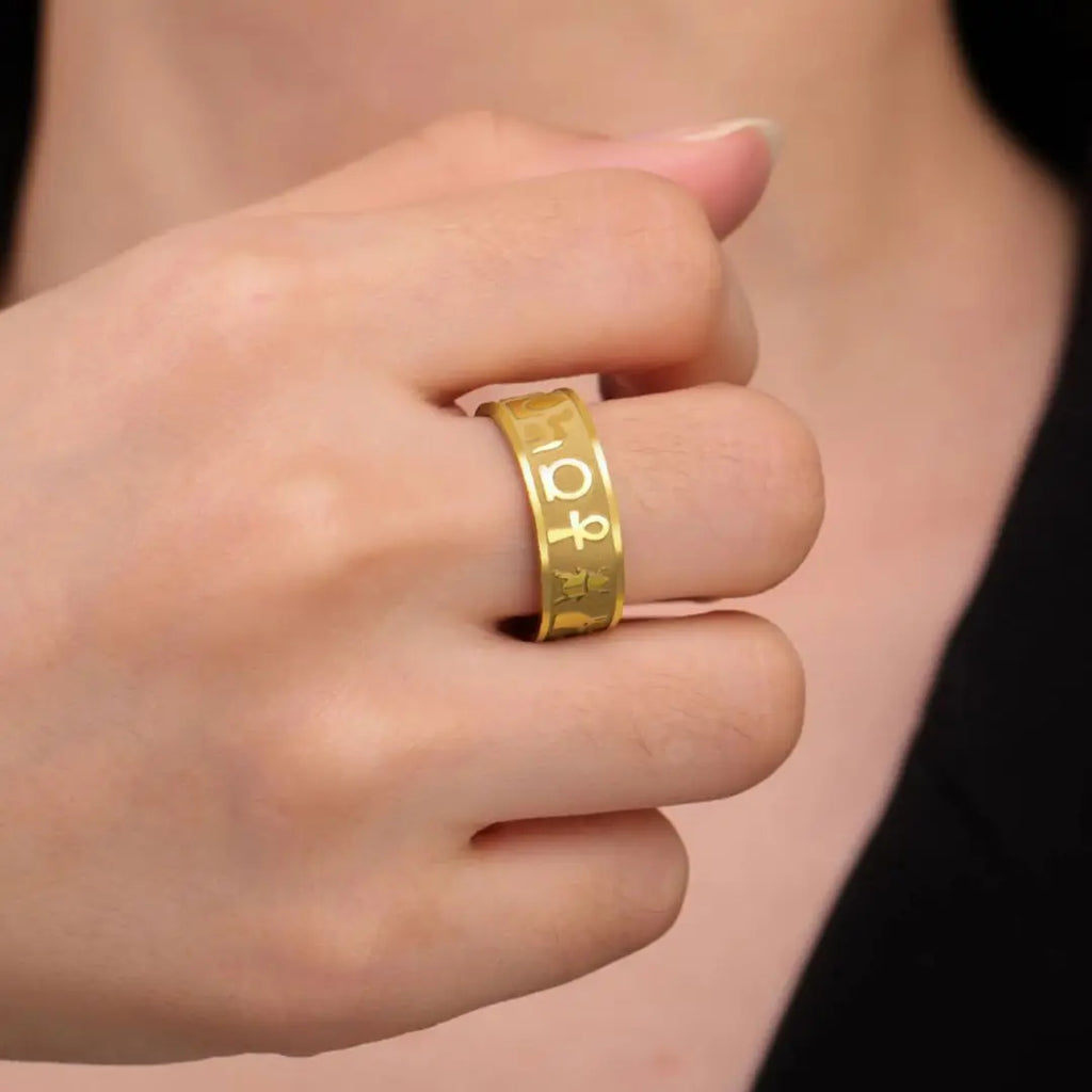 LIKGREAT Ancient Egyptian Symbol Carved Ring Stainless Steel Ankh Cross Anubis Eye of Horus Jewelry Birthday Gift for Men Women