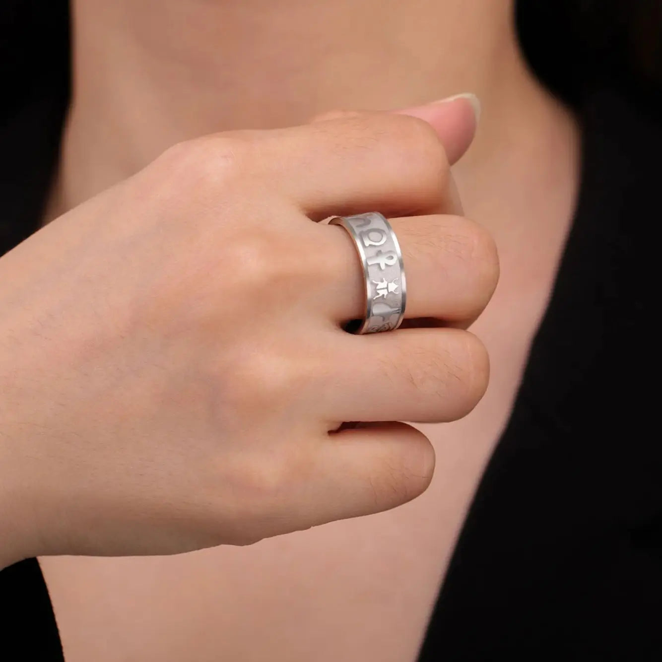 LIKGREAT Ancient Egyptian Symbol Carved Ring Stainless Steel Ankh Cross Anubis Eye of Horus Jewelry Birthday Gift for Men Women