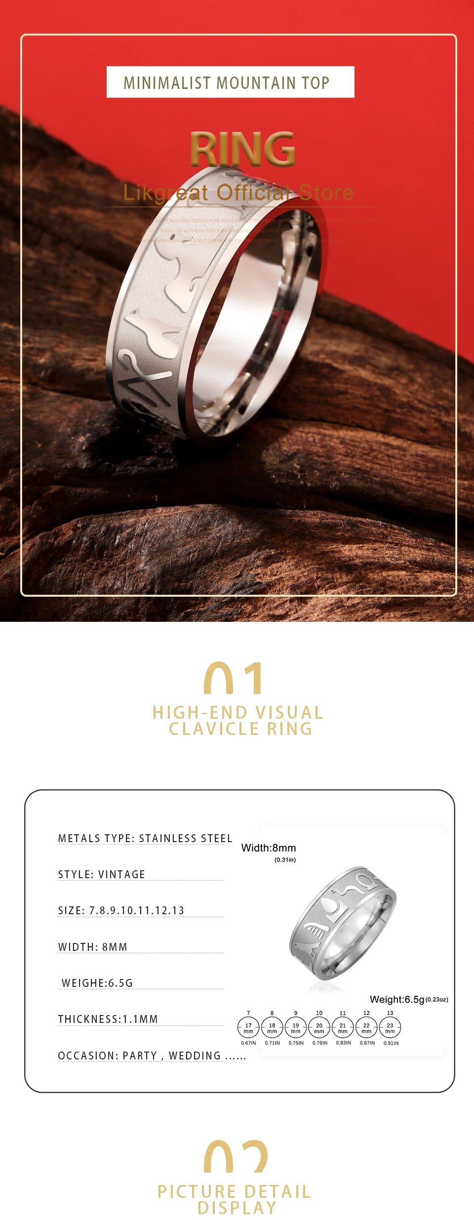 LIKGREAT Ancient Egyptian Symbol Carved Ring Stainless Steel Ankh Cross Anubis Eye of Horus Jewelry Birthday Gift for Men Women