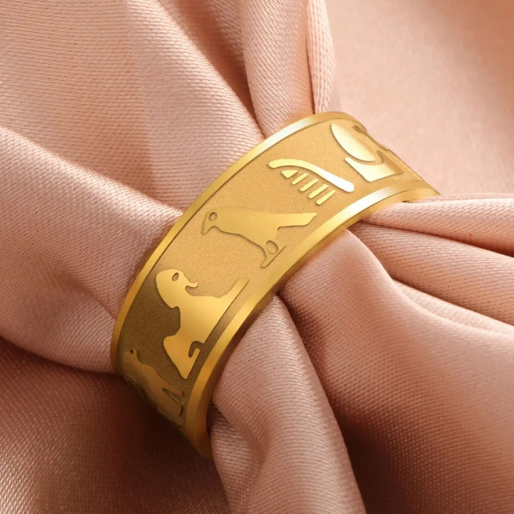 LIKGREAT Ancient Egyptian Symbol Carved Ring Stainless Steel Ankh Cross Anubis Eye of Horus Jewelry Birthday Gift for Men Women
