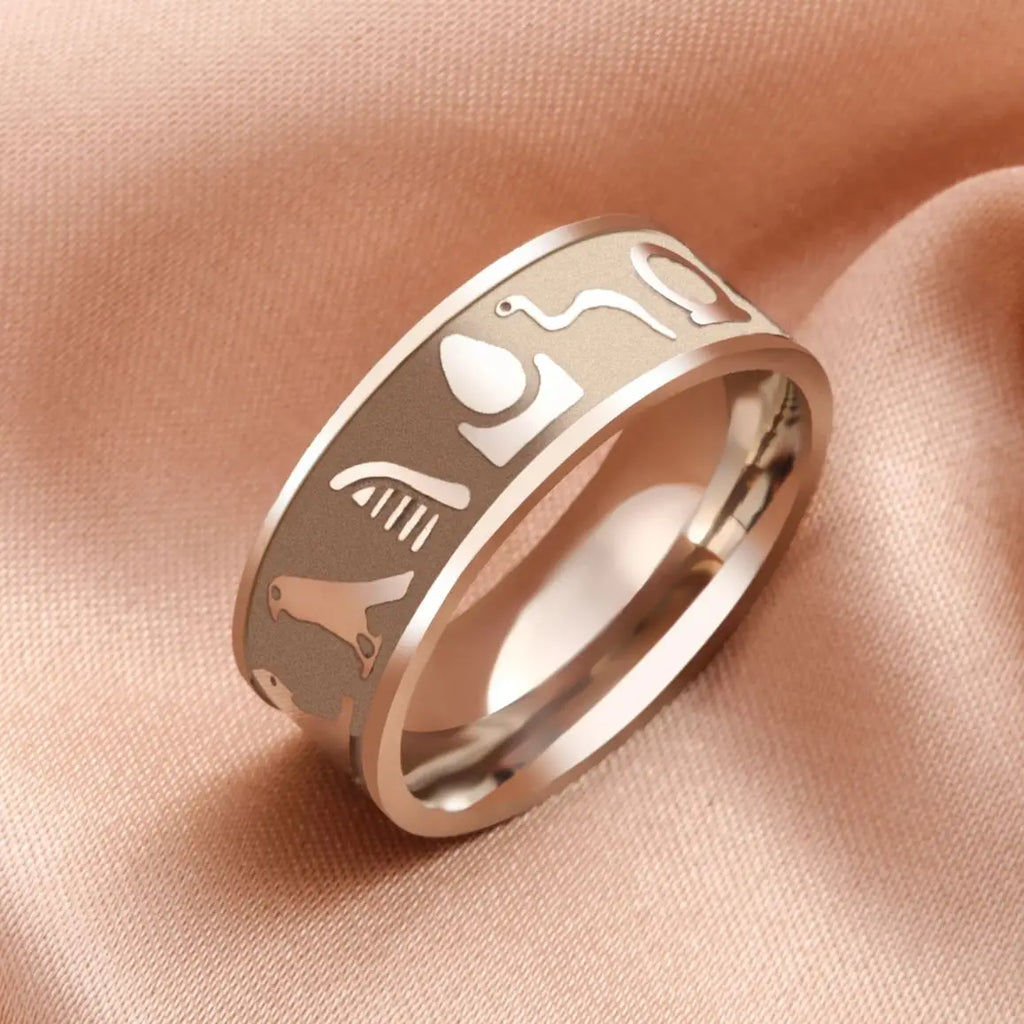 LIKGREAT Ancient Egyptian Symbol Carved Ring Stainless Steel Ankh Cross Anubis Eye of Horus Jewelry Birthday Gift for Men Women