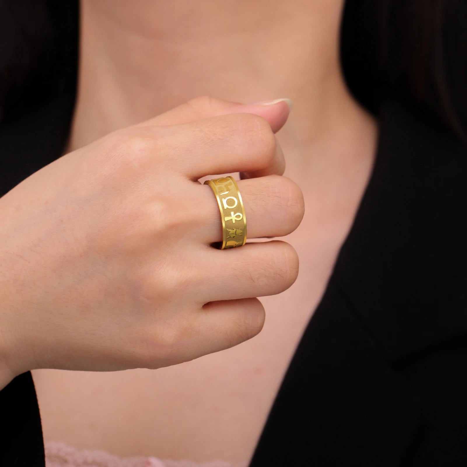 LIKGREAT Ancient Egyptian Symbol Carved Ring Stainless Steel Ankh Cross Anubis Eye of Horus Jewelry Birthday Gift for Men Women